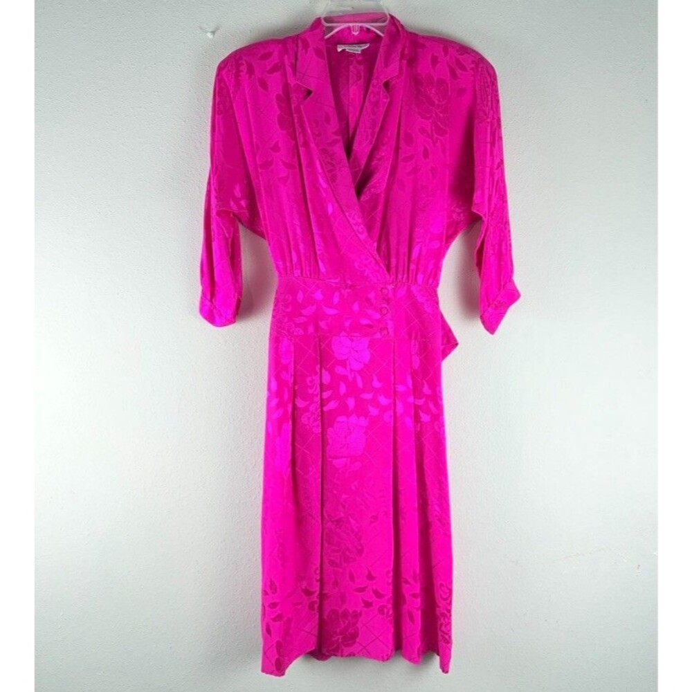 Women’s Vintage Adrianna Papell 100% Silk Pink Floral Jacquard Midi Dress 90's